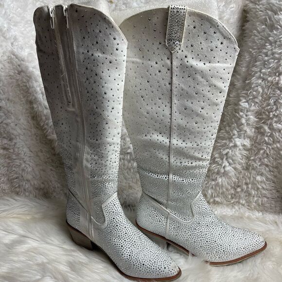 Pierre Dumas Wild Ones Glamour White textile Rhinestone Cowgirl Boots SZ10 - Picture 3 of 13